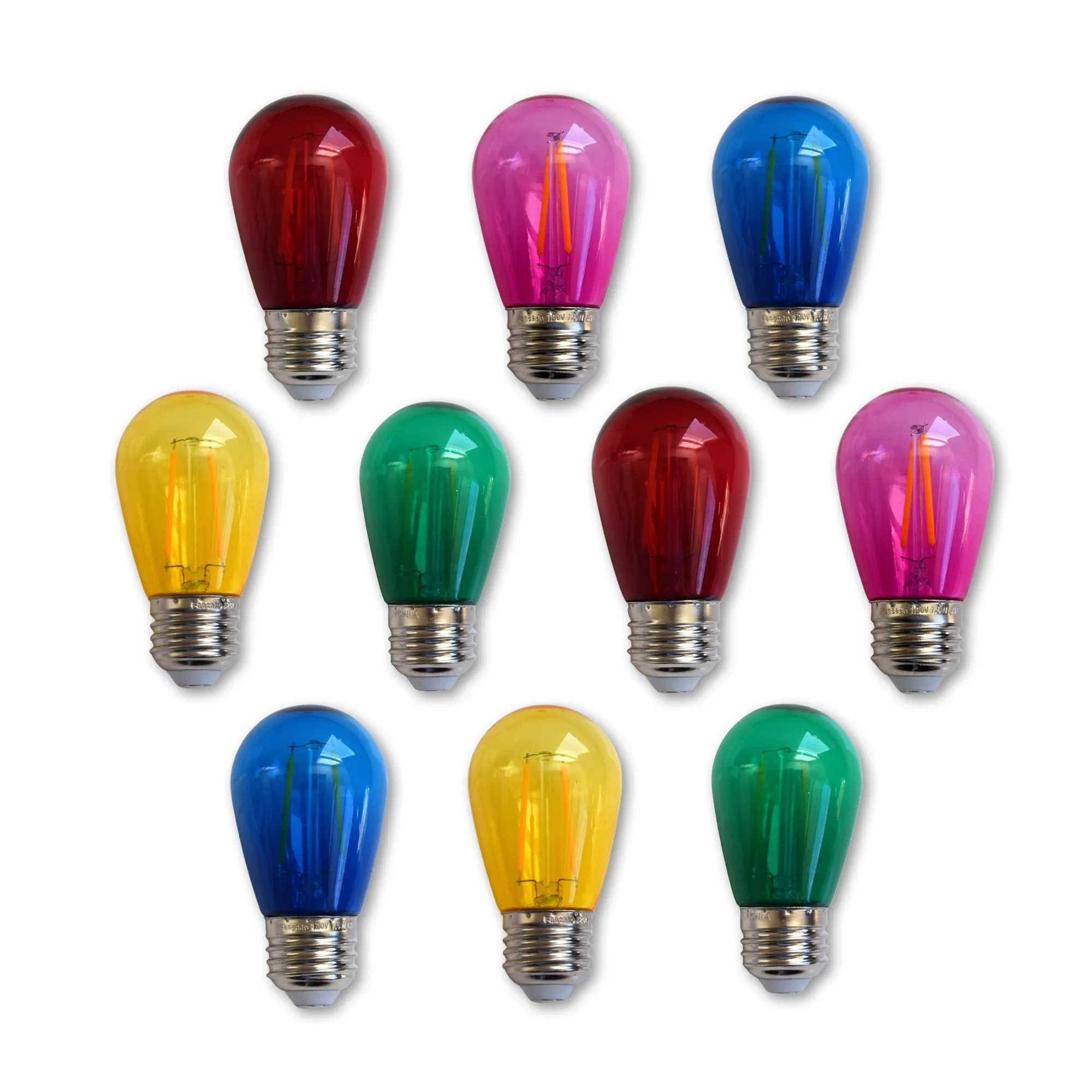 10-PACK Multi-Color LED Filament S14 Shatterproof Energy Saving Color Light Bulb, Dimmable, 2W,  E26 Medium Base