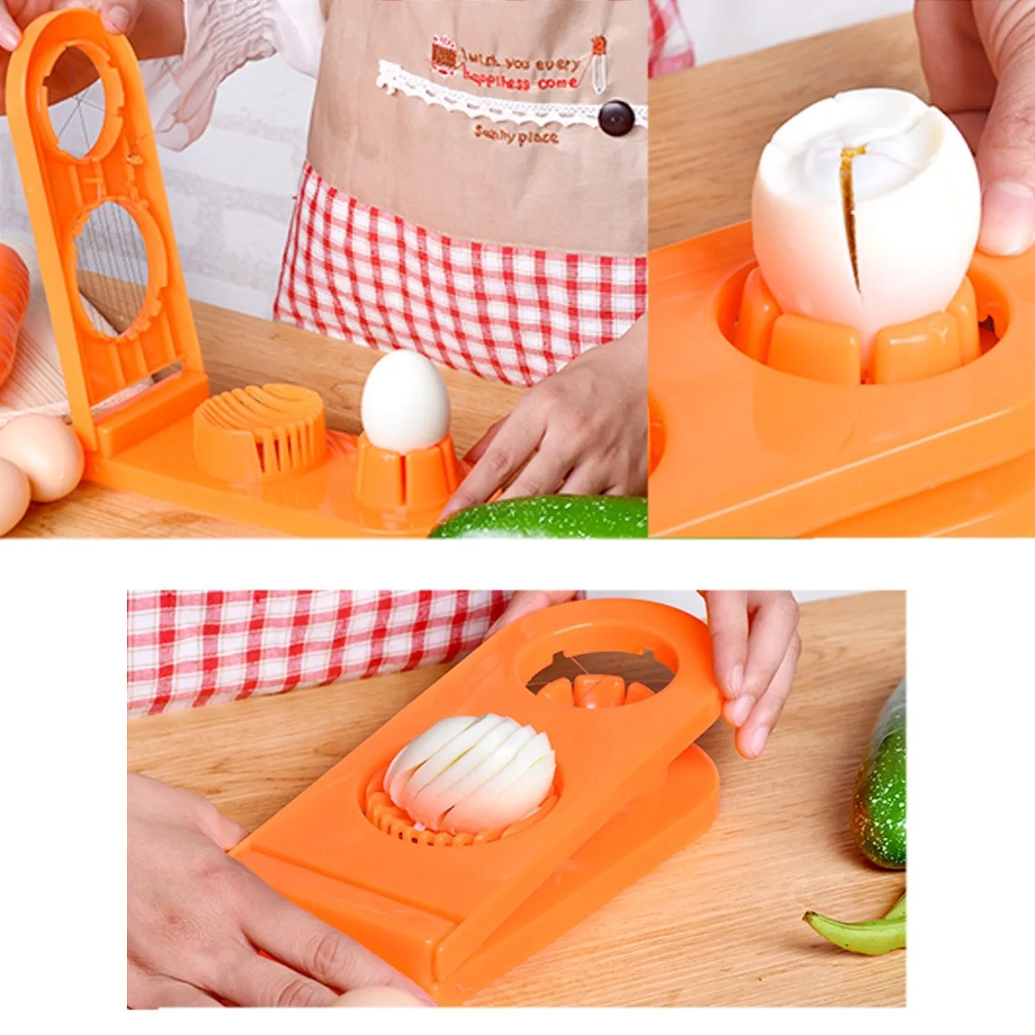 2 in 1 Double Cut Boiled Egg cutter with stainless steel wire for easy slicing of boiled eggs.