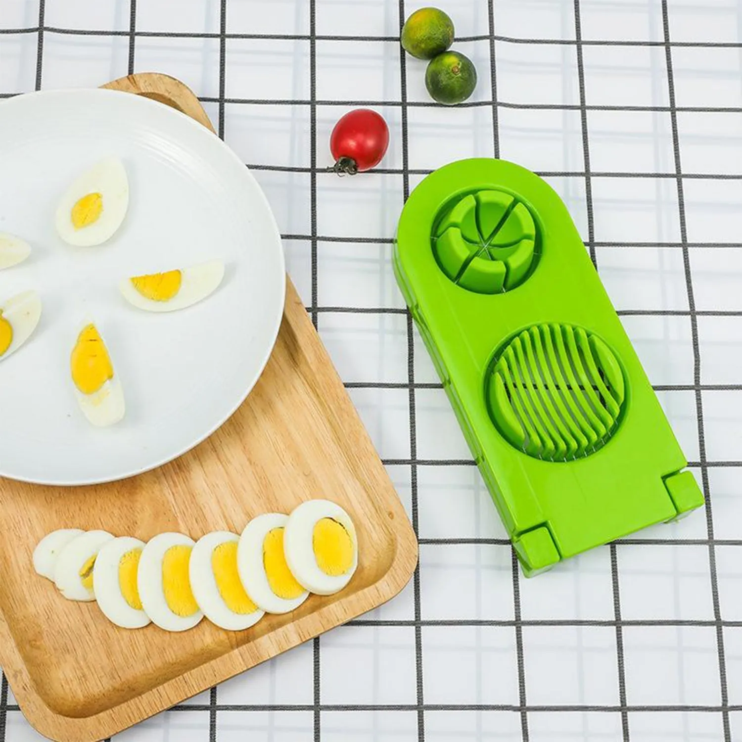 2 in 1 Double Cut Boiled Egg cutter with stainless steel wire for easy slicing of boiled eggs.