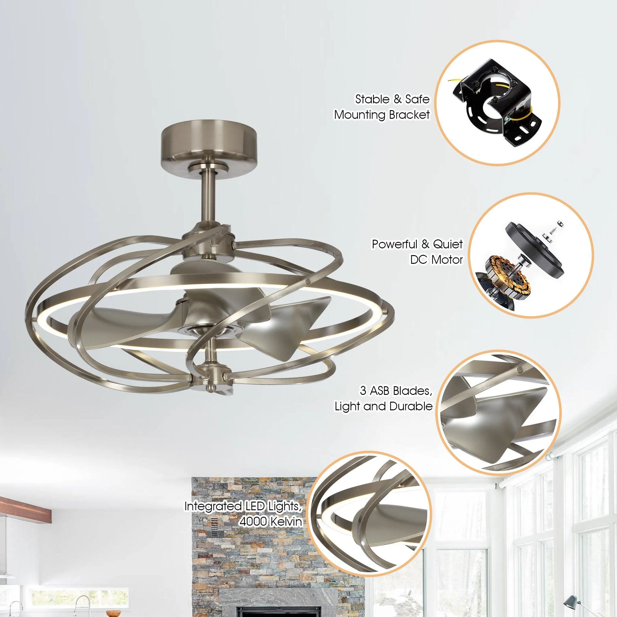 27" Bucholz Industrial DC Motor Brushed Nickel Downrod Mount Reversible Ceiling Fan with Lighting and Remote Control