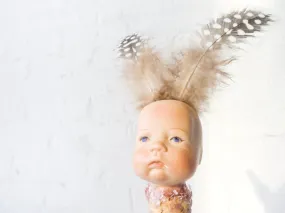 30% SALE Feather Bunny Earz Doll Bottle Topper Vintage Bisque Doll with Antique Glass Bottle