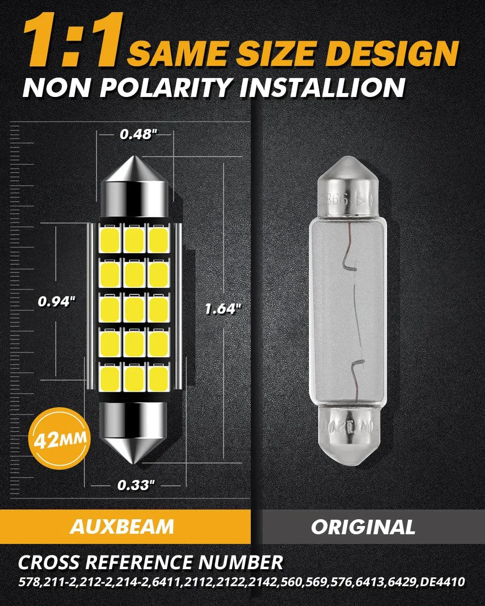 41MM 578 211-2 212-2 214-2 1.61" Festoon LED Interior/Dome/Map/License Plate Light Bulbs 2.7W 500LM 6500K White | 2 Bulbs