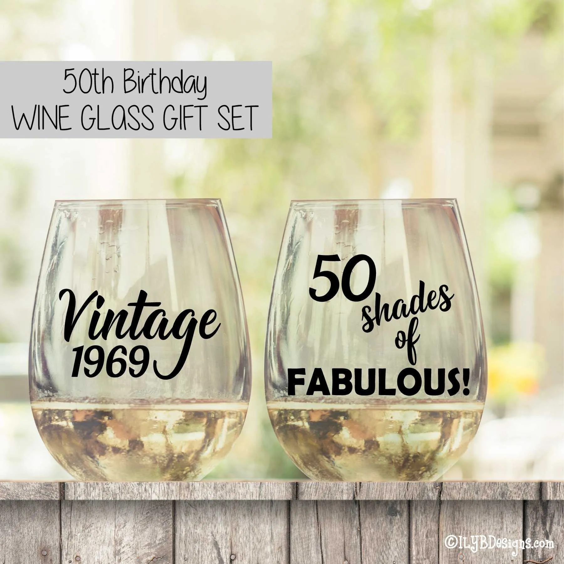 50th Birthday Wine Glass Set  -  VINTAGE & 50 SHADES OF FABULOUS