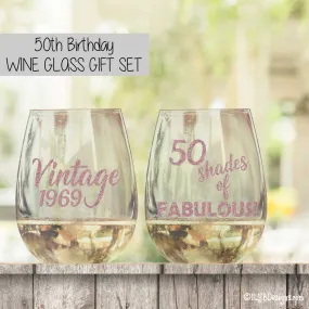 50th Birthday Wine Glass Set  -  VINTAGE & 50 SHADES OF FABULOUS