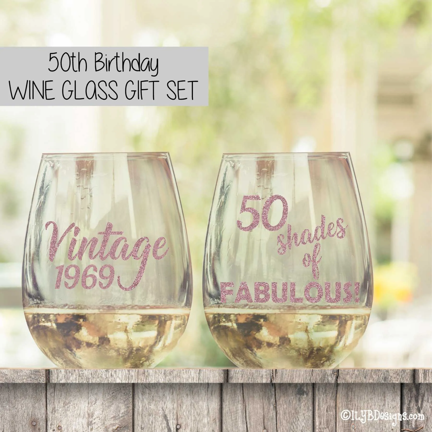 50th Birthday Wine Glass Set  -  VINTAGE & 50 SHADES OF FABULOUS