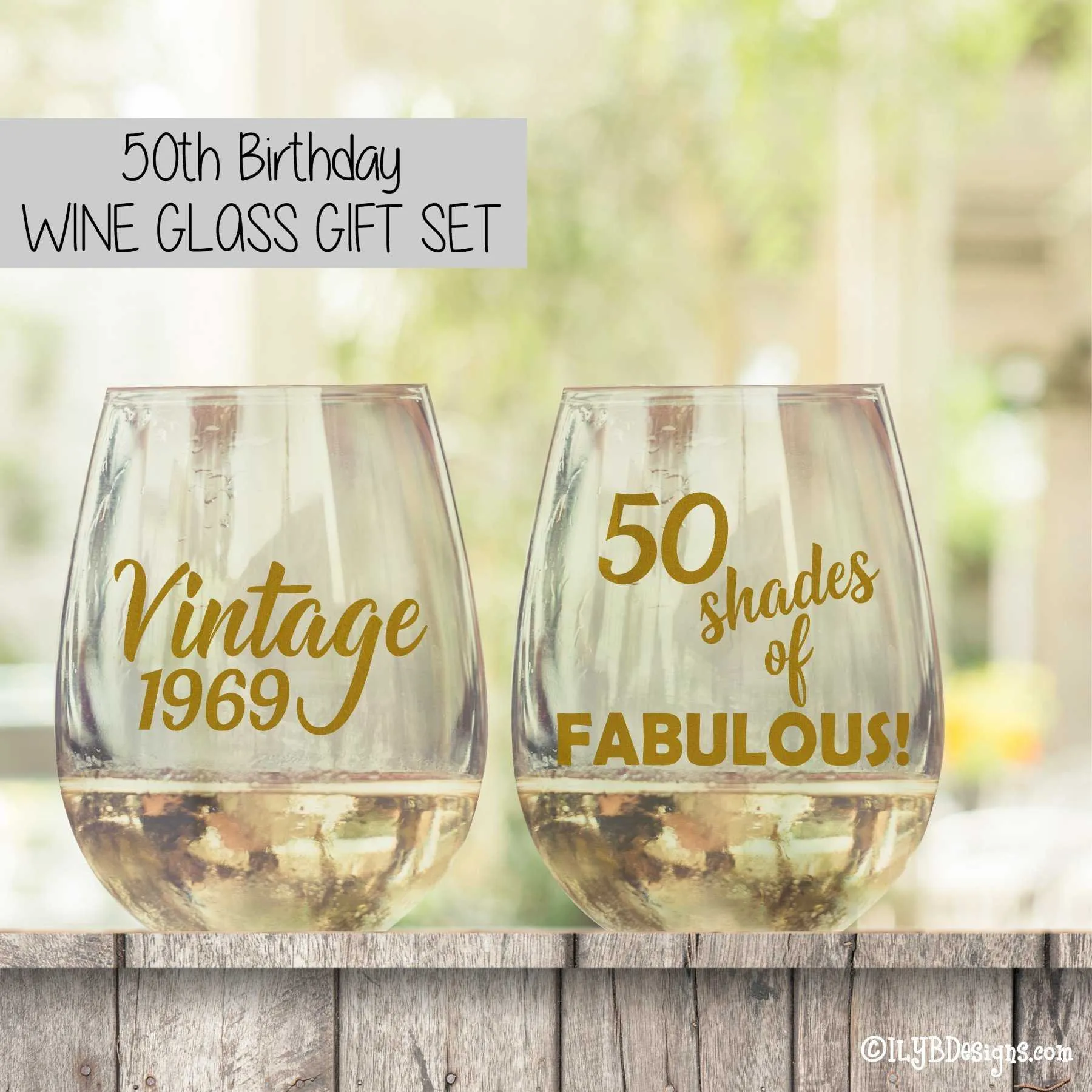 50th Birthday Wine Glass Set  -  VINTAGE & 50 SHADES OF FABULOUS