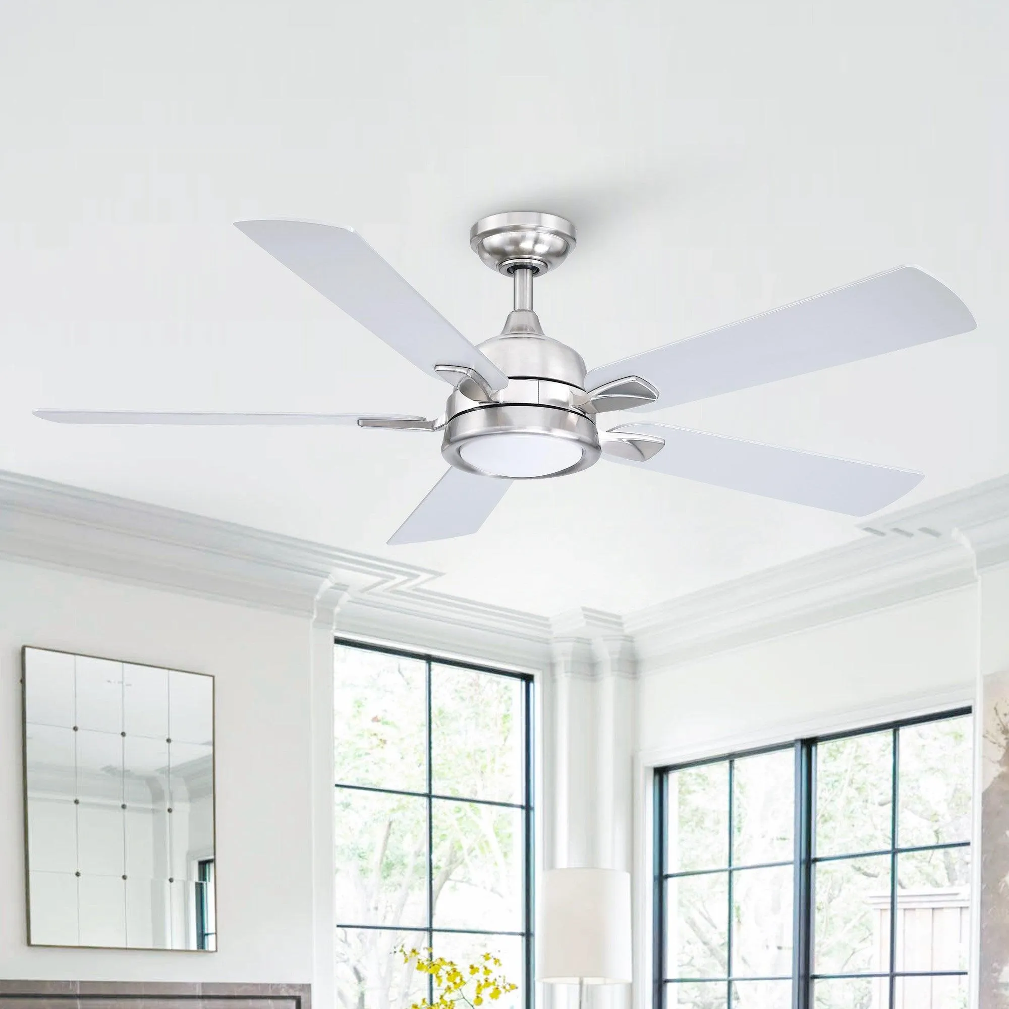 52" Tata Nagar Industrial Brush Nickel Downrod Mount Reversible Ceiling Fan with Lighting and Remote Control