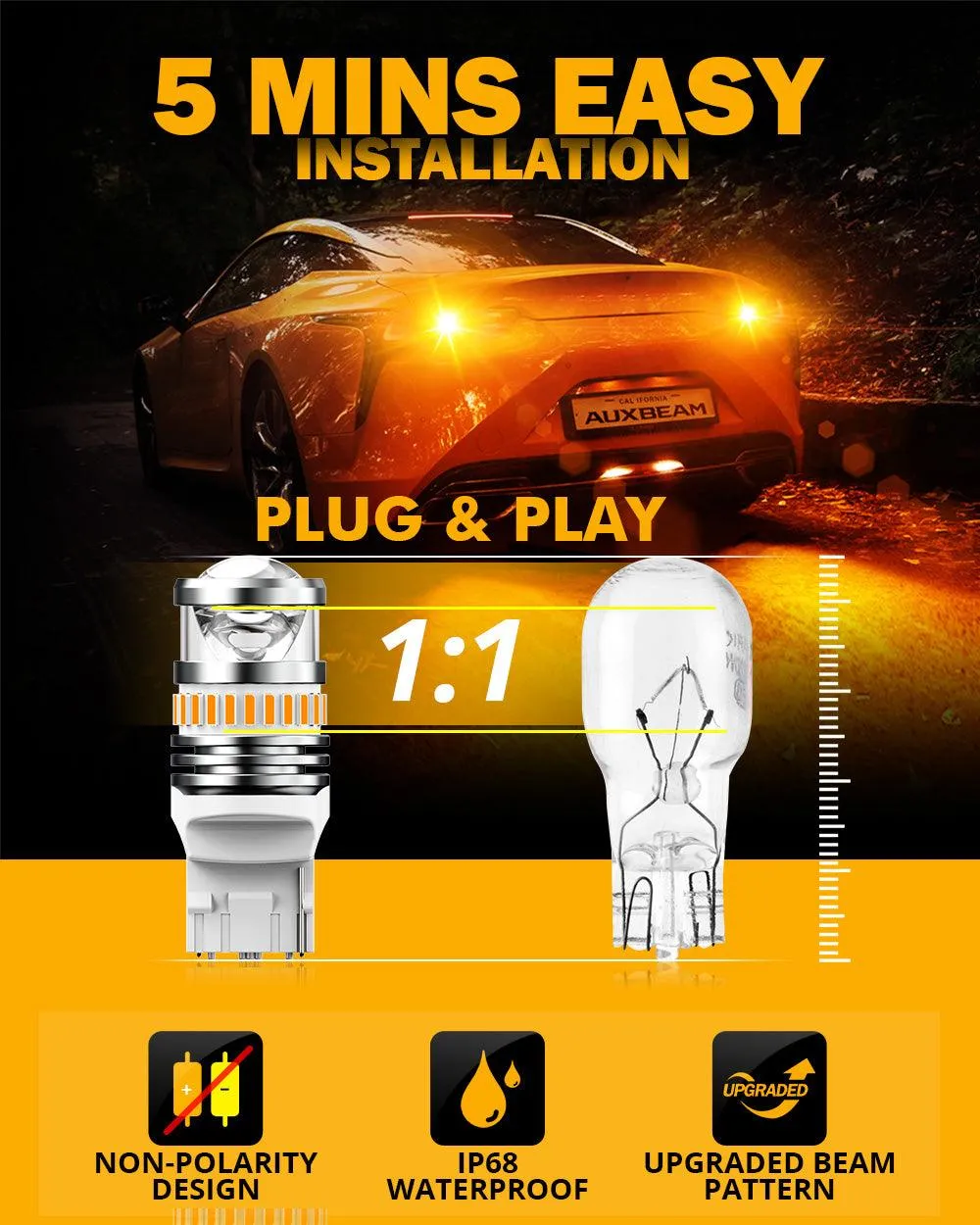 7440 7440A LED Turn Signal Light Rear/Front, Side Maker Light Bulbs 11W 4000LM 3500K Amber B1 Series | 2 Bulbs