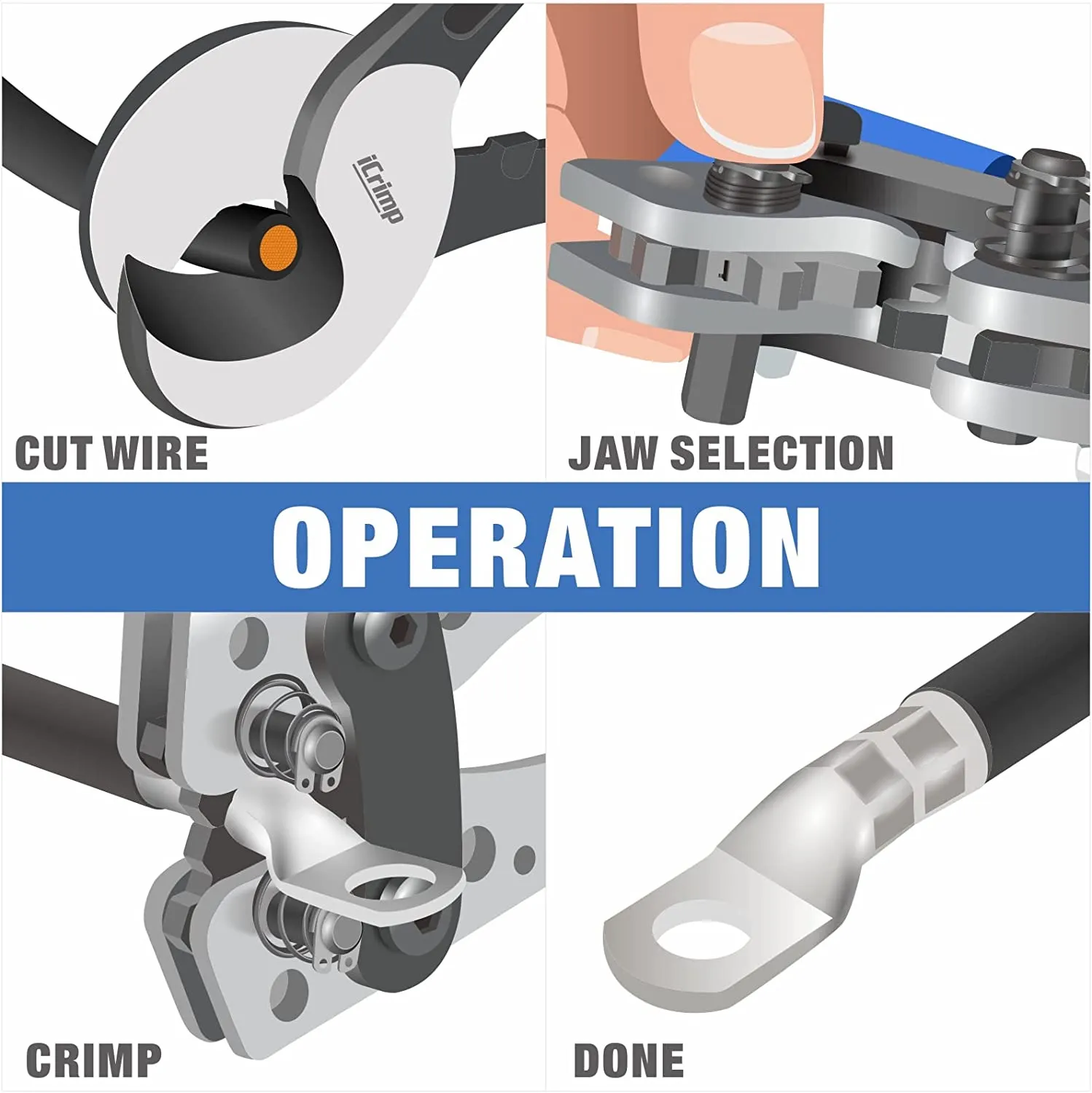 Battery Cable Lug Crimping Tool for 8, 6, 4, 2, 1, 1/0 AWG Heavy Duty Wire Lugs, Battery Cable End with Wire Shear Cutter