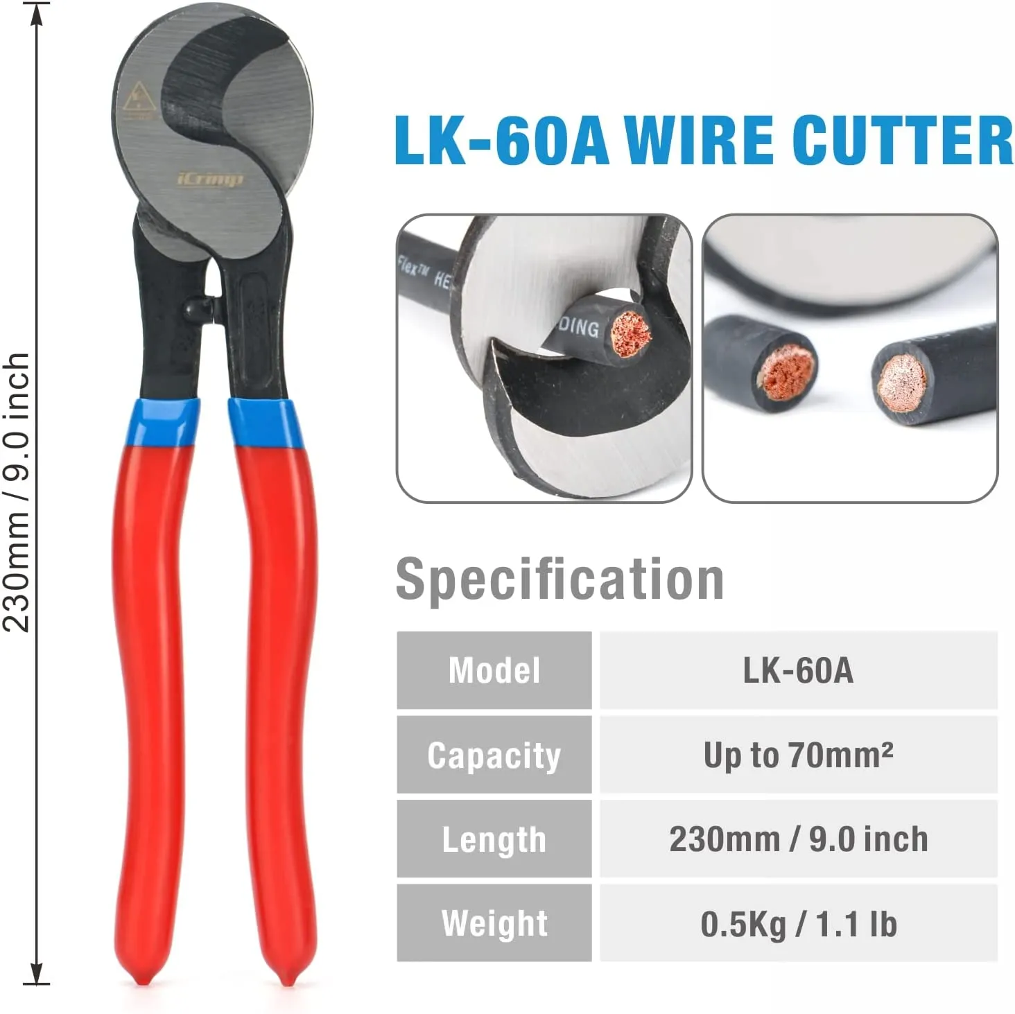 Battery Cable Lug Crimping Tool for 8, 6, 4, 2, 1, 1/0 AWG Heavy Duty Wire Lugs, Battery Cable End with Wire Shear Cutter