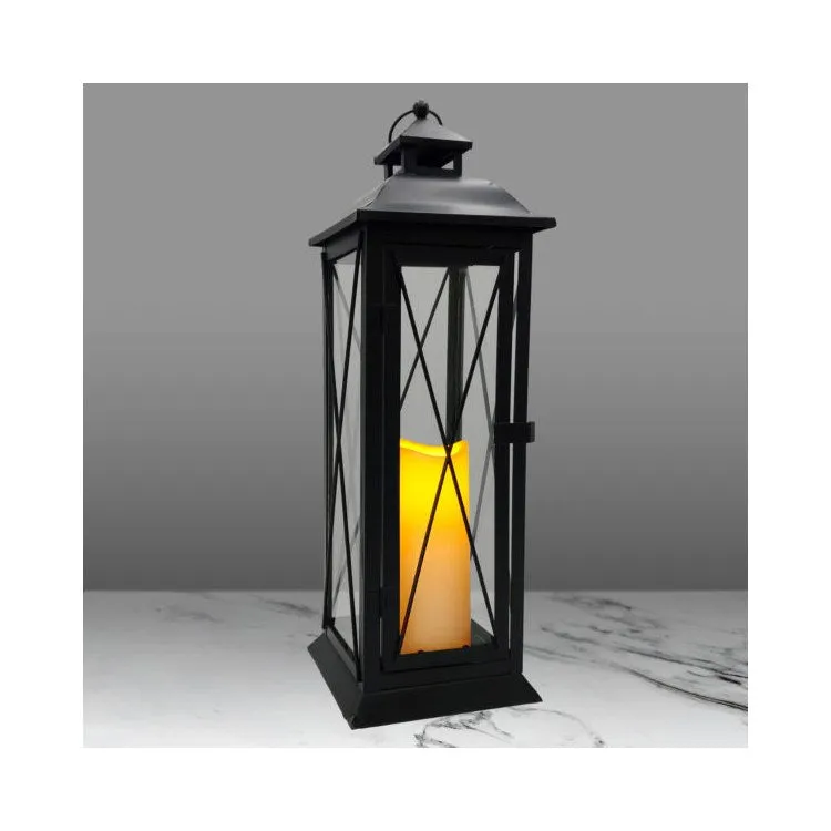 Battery-Operated Metal Lantern with LED Candle and Timer - Crisscross