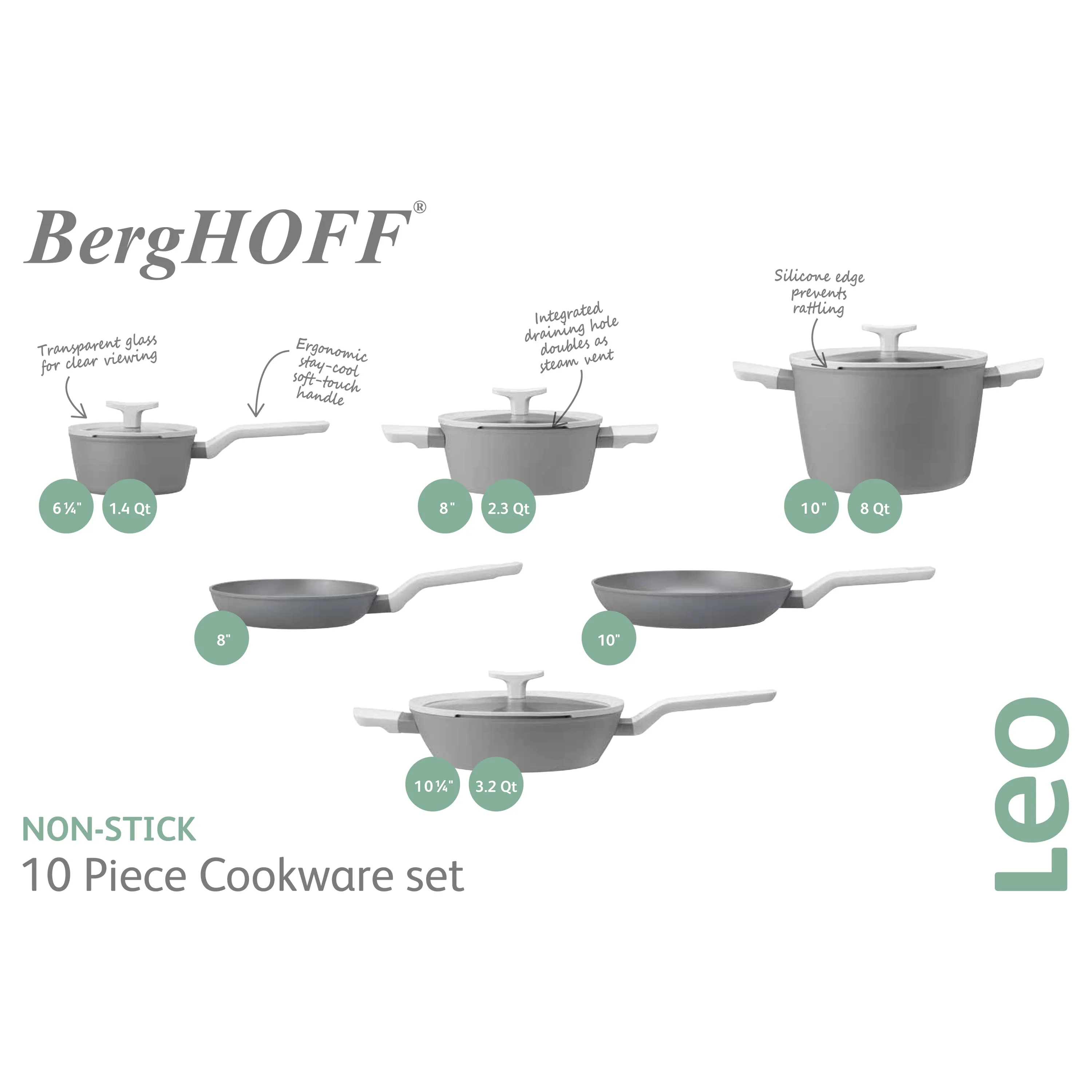 BergHOFF Leo 10Pc Nonstick Ceramic Cookware Set With Glass lid, Grey