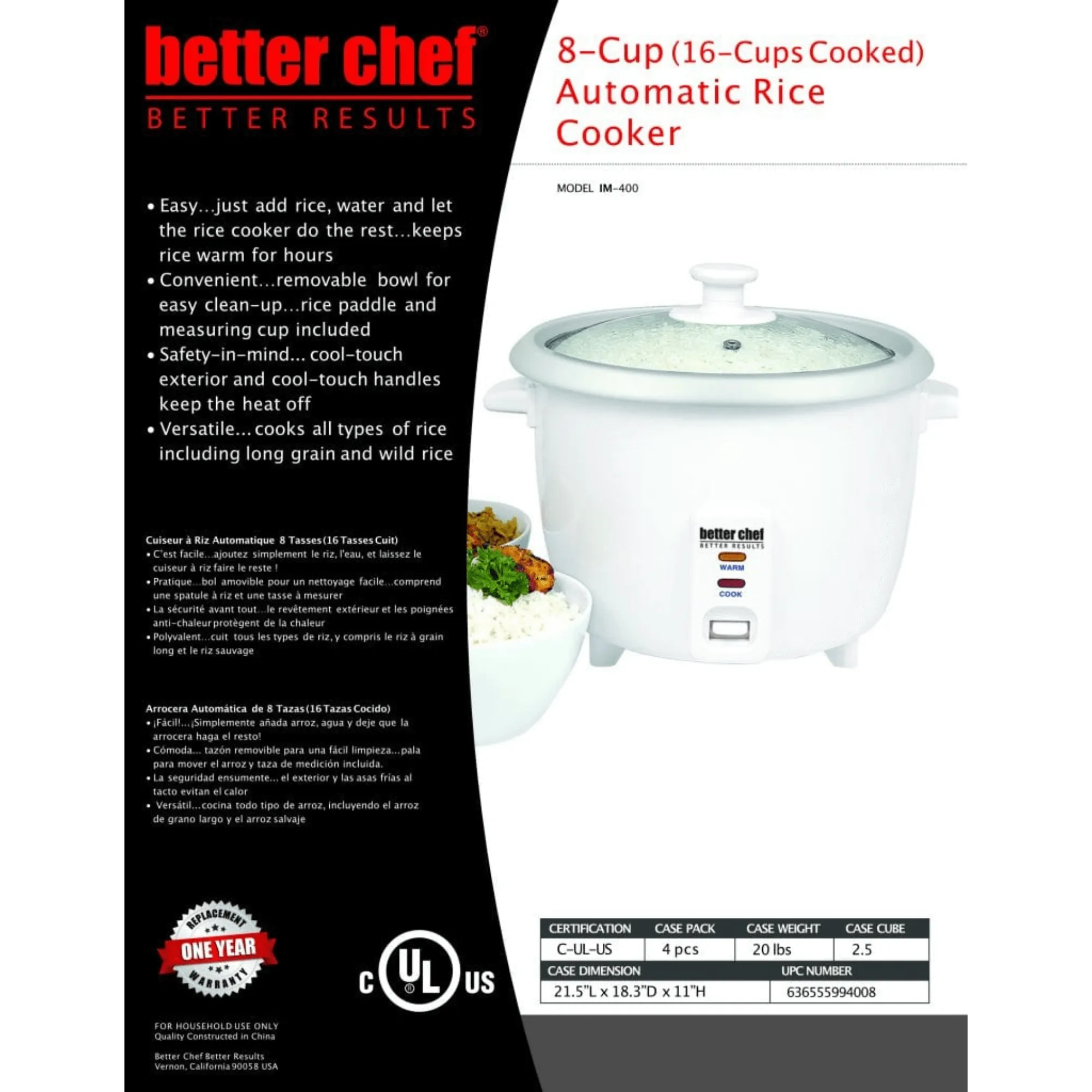 Better Chef 8-Cup - 16-Cup Cooked - Rice Cooker with Measuring Cup and