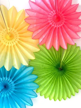 Bright Summer Paper Fans Colourful set- Set of 4 - 26'  / 67cm Diameter  Wall party Decorations Yellow Green Blue and Pink Whimsical Garden