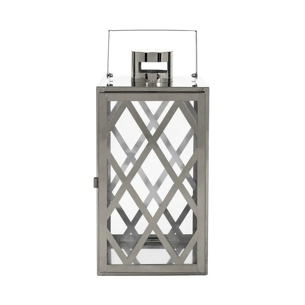 Dove 14 Inch Lantern, Lattice Silver Stainless Steel, Tempered Glass By Casagear Home