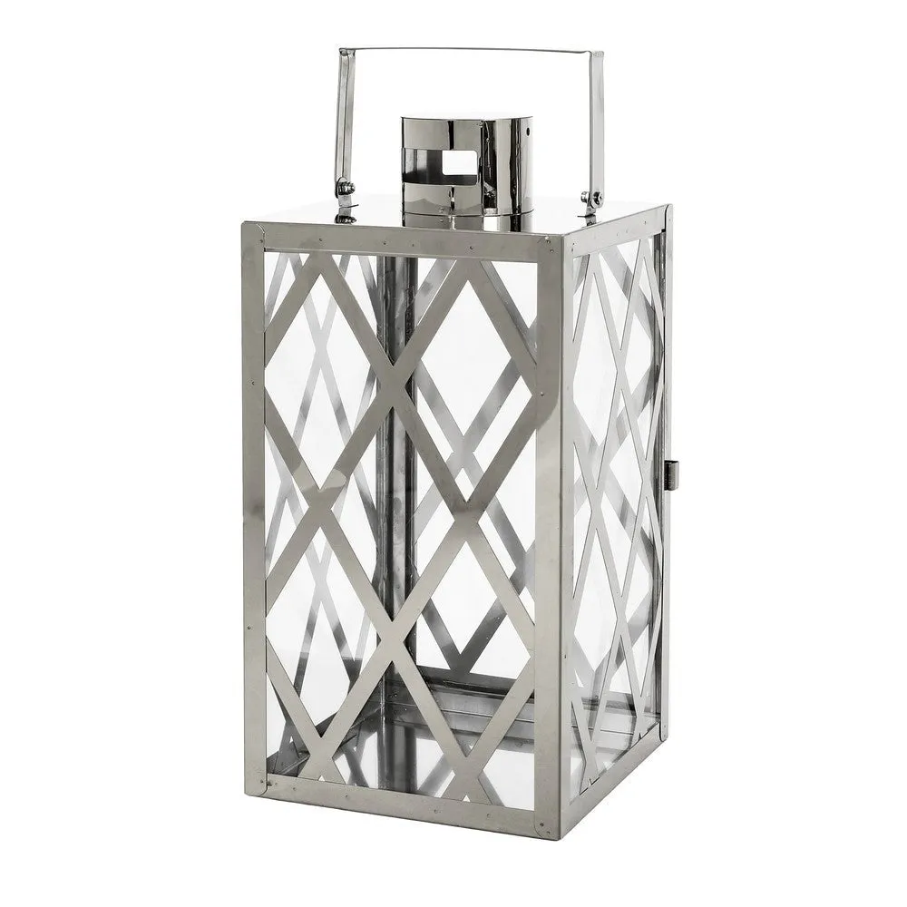 Dove 14 Inch Lantern, Lattice Silver Stainless Steel, Tempered Glass By Casagear Home