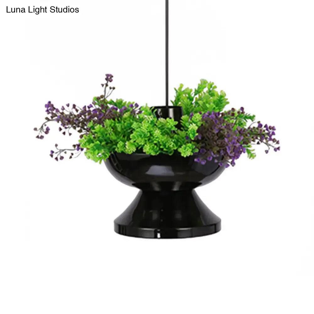 Farmhouse 1-Head Black Metal Hot Pot Pendant with LED Ceiling Light & Artificial Plant Deco for Dining Room