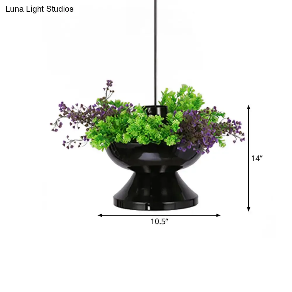 Farmhouse 1-Head Black Metal Hot Pot Pendant with LED Ceiling Light & Artificial Plant Deco for Dining Room