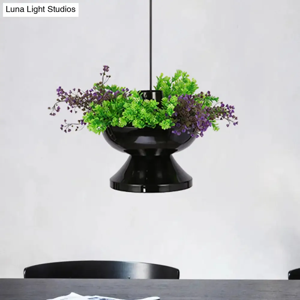 Farmhouse 1-Head Black Metal Hot Pot Pendant with LED Ceiling Light & Artificial Plant Deco for Dining Room