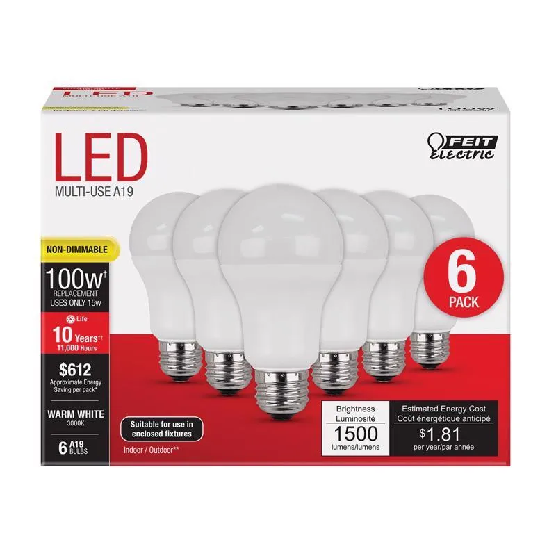 Feit A19 E26 (Medium) LED Bulb Warm White 100 Watt Equivalence 6 pk