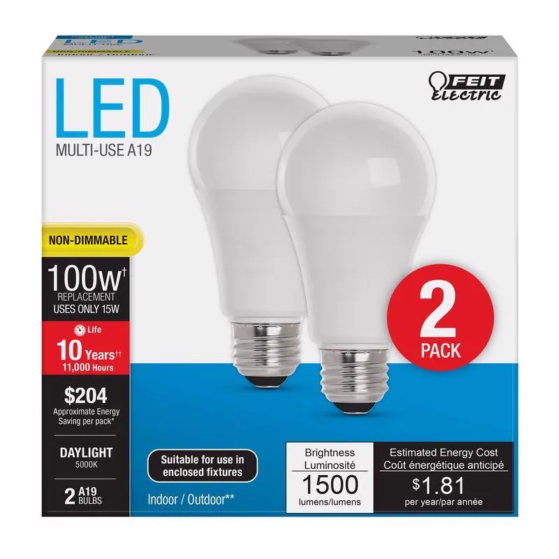 Feit LED A19 E26 (Medium) LED Bulb Daylight 100 Watt Equivalence 2 pk