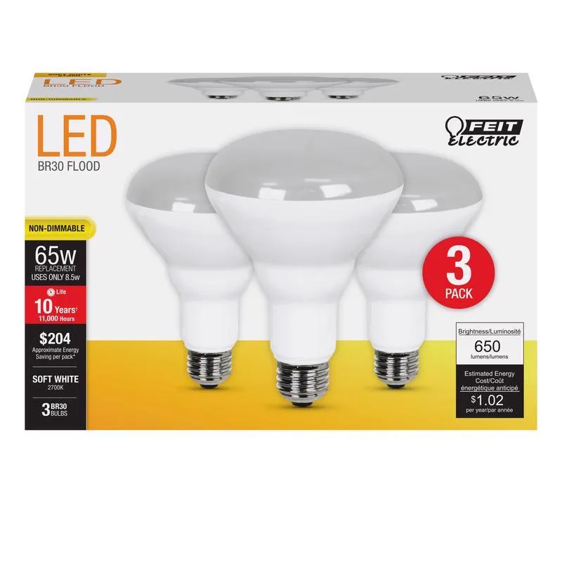 Feit LED BR30 E26 (Medium) LED Bulb Soft White 65 Watt Equivalence 3 pk