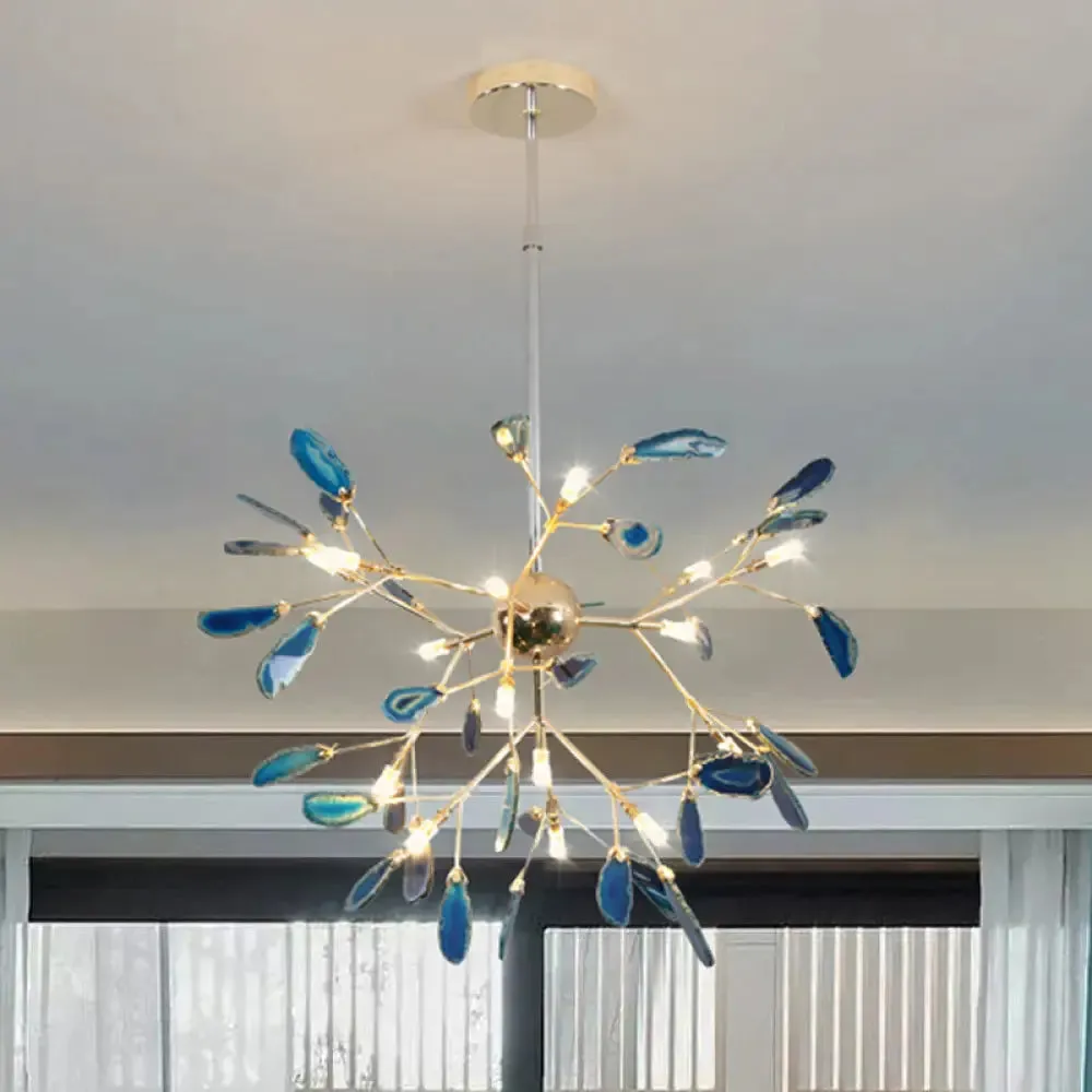 Firefly Agate Ceiling Pendant Lamp - Modern 4/16-Light Chandelier for Living Room in Blue/Green