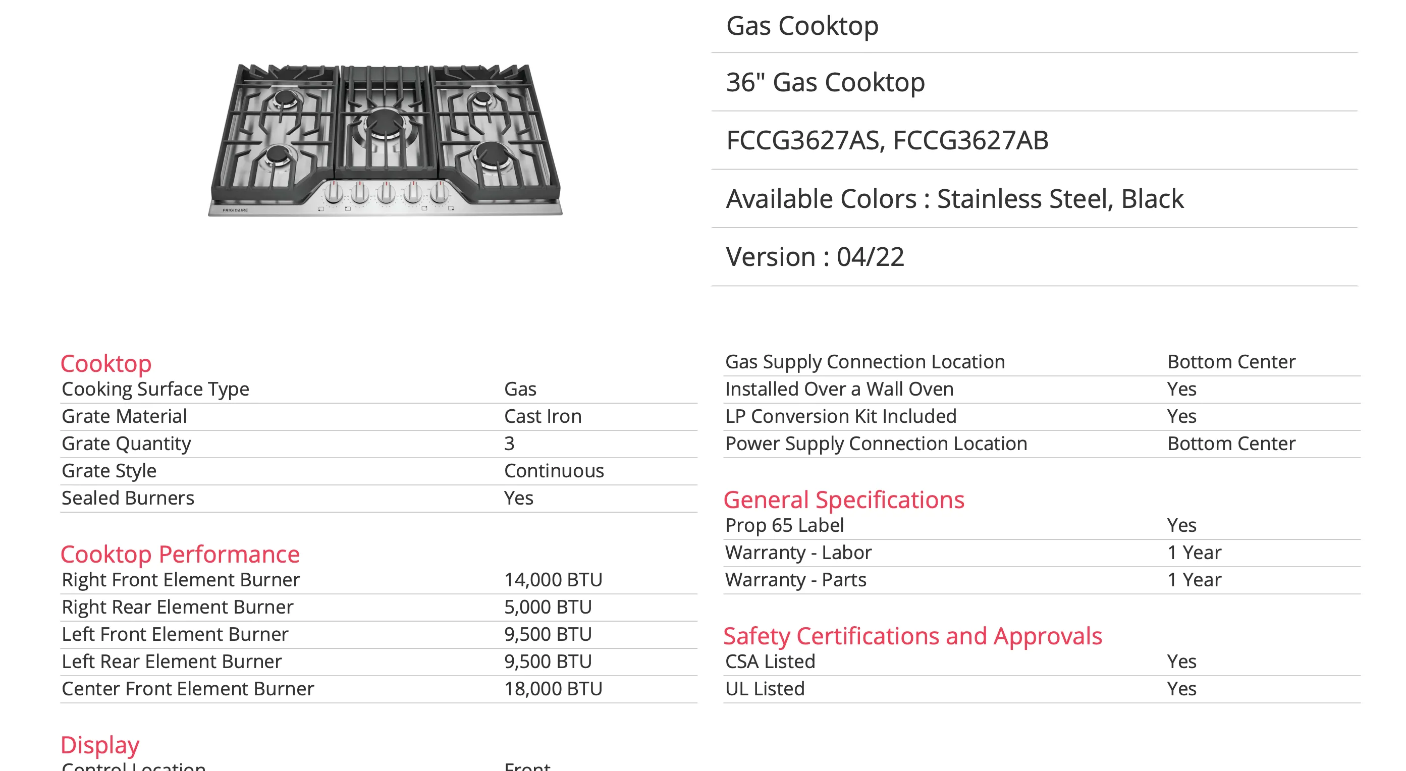 Frigidaire 36-in 5 Burners Stainless Steel Gas Cooktop