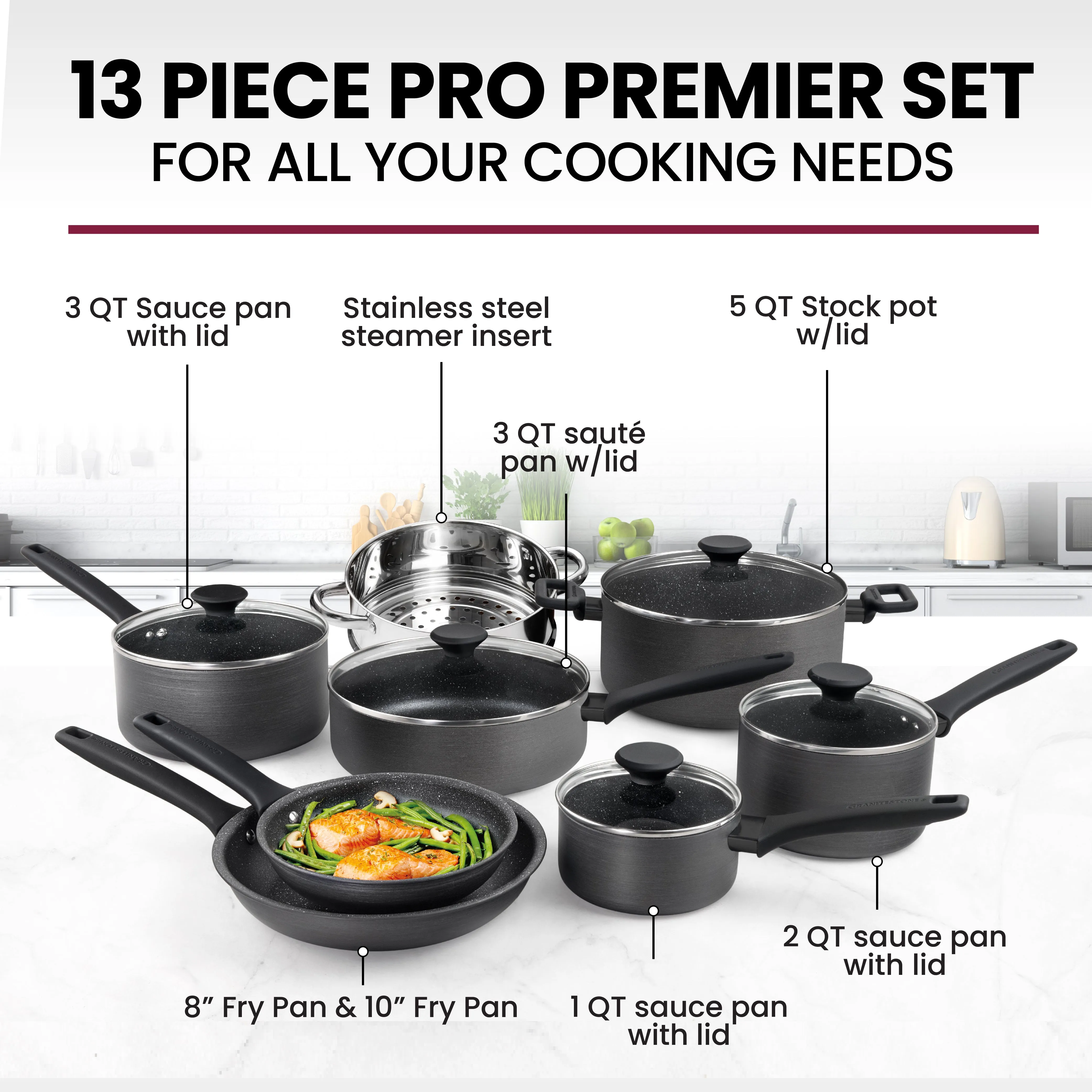 Granitestone 13-Piece Pro Premier Hard Anodized Stovetop Set with Easy Grip Handles