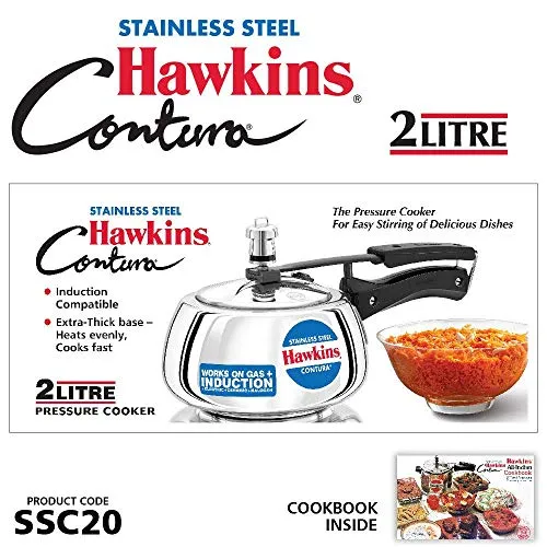 Hawkins 2 Litre Contura Pressure Cooker, Stainless Steel Inner Lid Cooker, Handi Cooker, Induction Cooker, Small Cooker, Silver (SSC20)