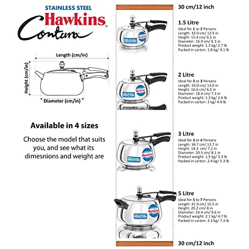 Hawkins 2 Litre Contura Pressure Cooker, Stainless Steel Inner Lid Cooker, Handi Cooker, Induction Cooker, Small Cooker, Silver (SSC20)