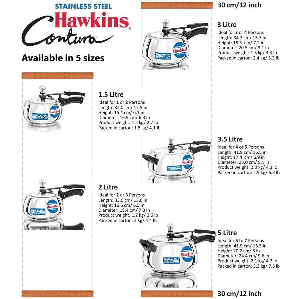 Hawkins 3.5 Litre Contura Pressure Cooker, Stainless Steel Inner Lid Cooker, Handi Cooker, Induction Cooker, Silver (SSC35)