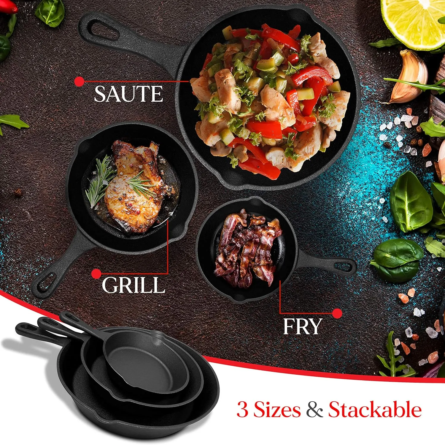 Heavy Duty Cast Iron Skillet Set, 3-Piece, Pre-Seasoned