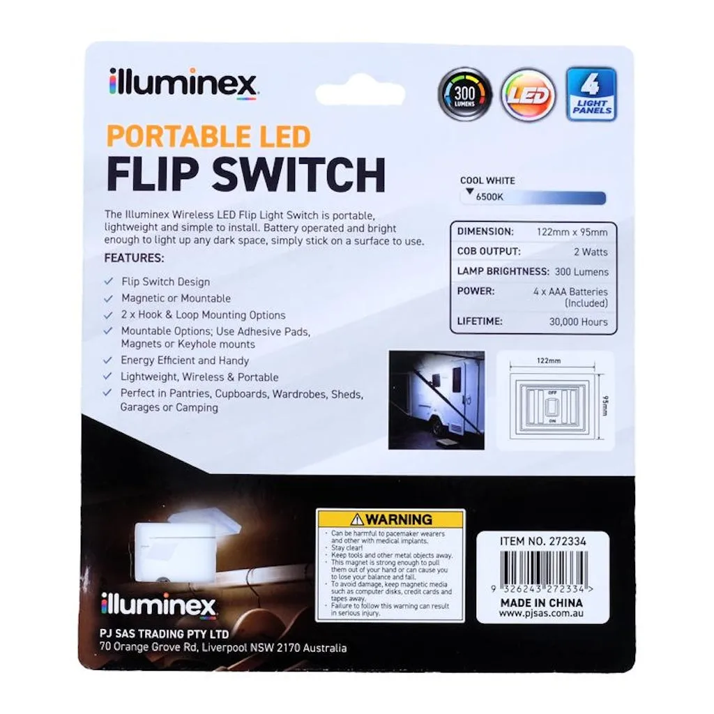 illuminex Battery Operated Portable LED Flip Switch 300lm 6500K 122x95mm