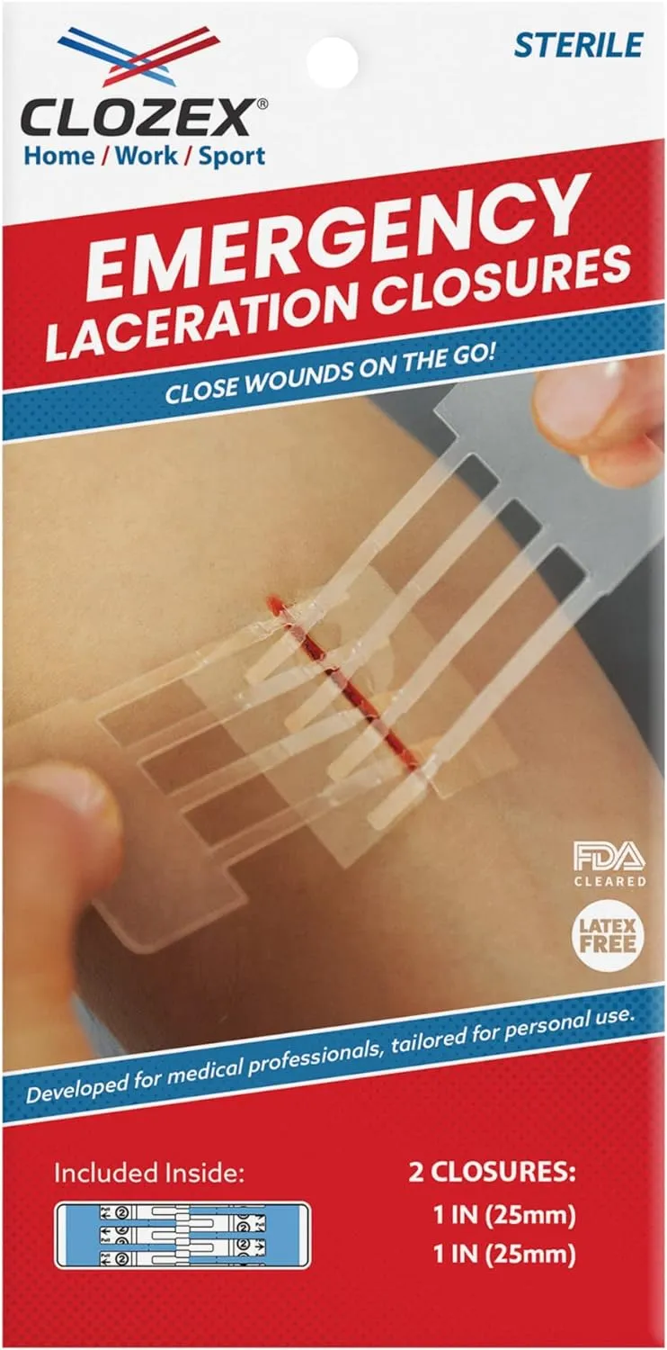 ITEM# 0210   Emergency Laceration Kit - Repair Wounds Without Stitches. FDA Cleared Skin Closure Device for a Wound Up to 1 1/2 Inches in Length. Complete Kit to Clean, Close, and Cover Wounds. (Watch Video)