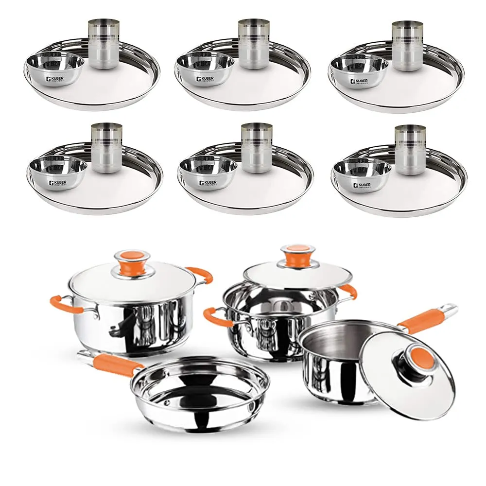 Kuber Industries Stainless Steel 4pcs Cookware Set, 6pcs Plates, 6pcs Glasses, and 6pcs Bowl | Cookware set- Saucepan (1.4 L) , Kadai (2.0 L), Casserole (2.5 L) and Frypan (1 L) with 3 Lids | Gas Stove and Induction Friendly | Rust Proof, Easy to Clean &