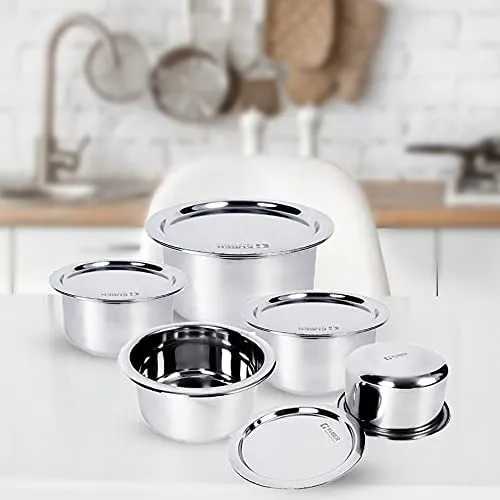 Kuber Industries Stainless Steel Cookware Set and Tope Set with Lids | Cookware set- Saucepan (1.4 L), Kadai (2.0 L), Casserole (2.5 L) and Frypan (1 L) with 3 Lids | 5Pcs Tope Set- 800ml, 1L, 1.4L, 1.9L, and 2.4L| Induction Friendly | Rust Proof, Easy to