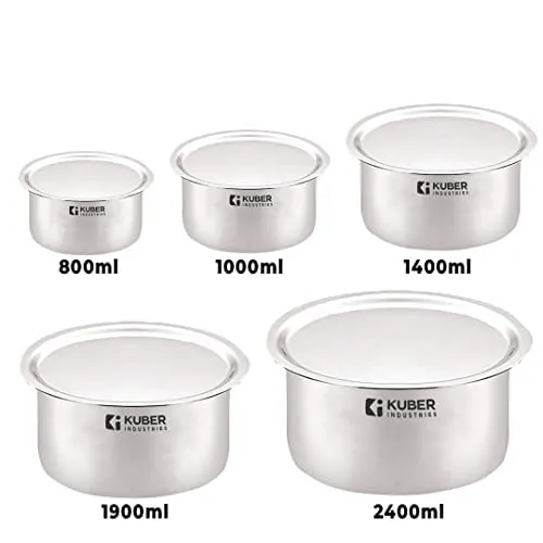 Kuber Industries Stainless Steel Cookware Set and Tope Set with Lids | Cookware set- Saucepan (1.4 L), Kadai (2.0 L), Casserole (2.5 L) and Frypan (1 L) with 3 Lids | 5Pcs Tope Set- 800ml, 1L, 1.4L, 1.9L, and 2.4L| Induction Friendly | Rust Proof, Easy to