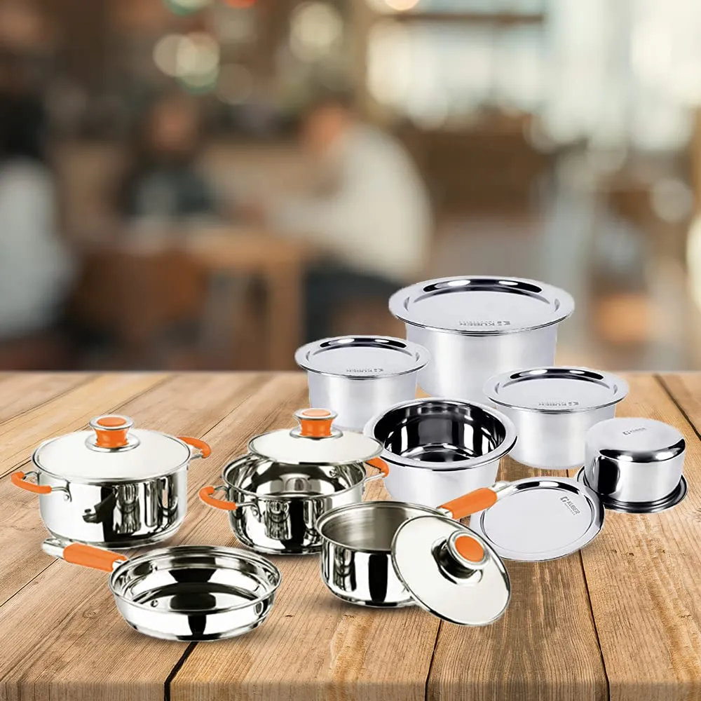 Kuber Industries Stainless Steel Cookware Set and Tope Set with Lids | Cookware set- Saucepan (1.4 L), Kadai (2.0 L), Casserole (2.5 L) and Frypan (1 L) with 3 Lids | 5Pcs Tope Set- 800ml, 1L, 1.4L, 1.9L, and 2.4L| Induction Friendly | Rust Proof, Easy to