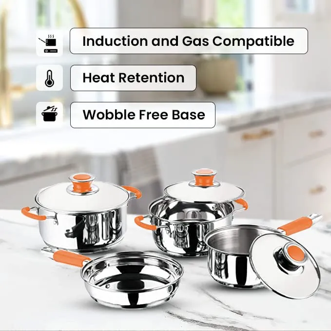 Kuber Industries Stainless Steel Cookware Set and Tope Set with Lids | Cookware set- Saucepan (1.4 L), Kadai (2.0 L), Casserole (2.5 L) and Frypan (1 L) with 3 Lids | 5Pcs Tope Set- 800ml, 1L, 1.4L, 1.9L, and 2.4L| Induction Friendly | Rust Proof, Easy to