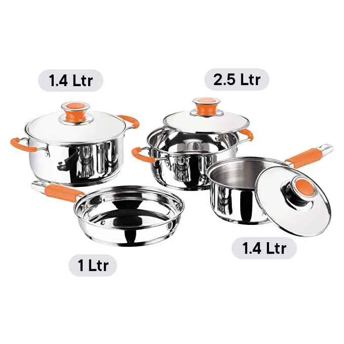 Kuber Industries Stainless Steel Cookware Set and Tope Set with Lids | Cookware set- Saucepan (1.4 L), Kadai (2.0 L), Casserole (2.5 L) and Frypan (1 L) with 3 Lids | 5Pcs Tope Set- 800ml, 1L, 1.4L, 1.9L, and 2.4L| Induction Friendly | Rust Proof, Easy to