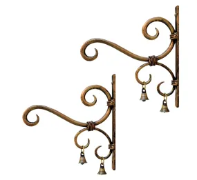 Lamcy Plaza Hand Forged Metal Antique Golden Wall Bracket for Hanging | Planter | Wind Chime | Tea Light Holder | Indoor | Outdoor | Each Size L7.5 X W1 X H8 Inches | Pack of 2