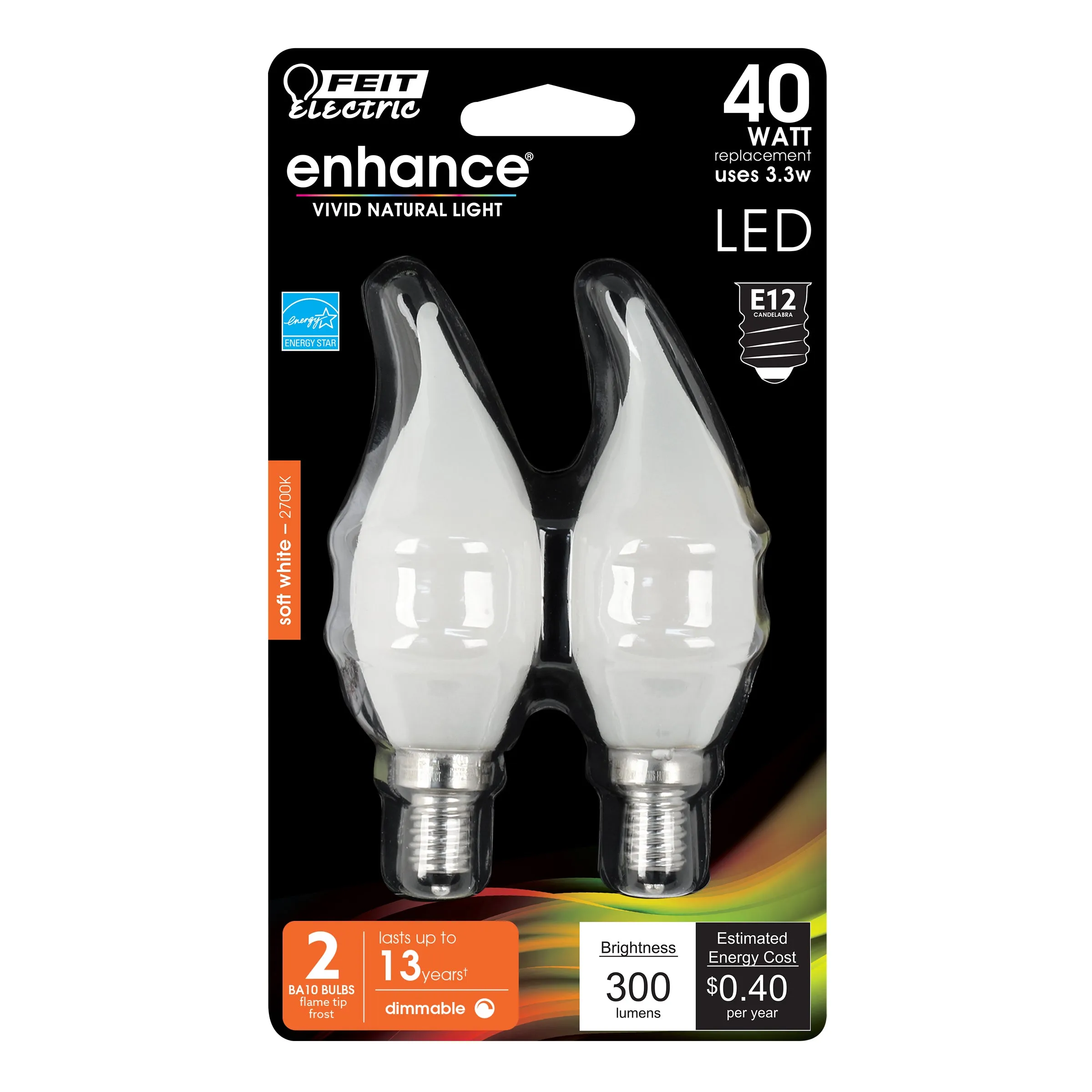 LED Lights Bulb, Candelabra Base, Filament, Clear, Frosted, Decorative Chandelier Bulb, Torpedo, Flame, 2 Packs