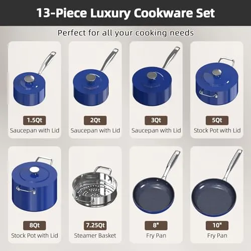 Lux 13pc Forged Lightweight Cookware Set PFAS Free, Healthy G10 Duralon Ceramic Coating