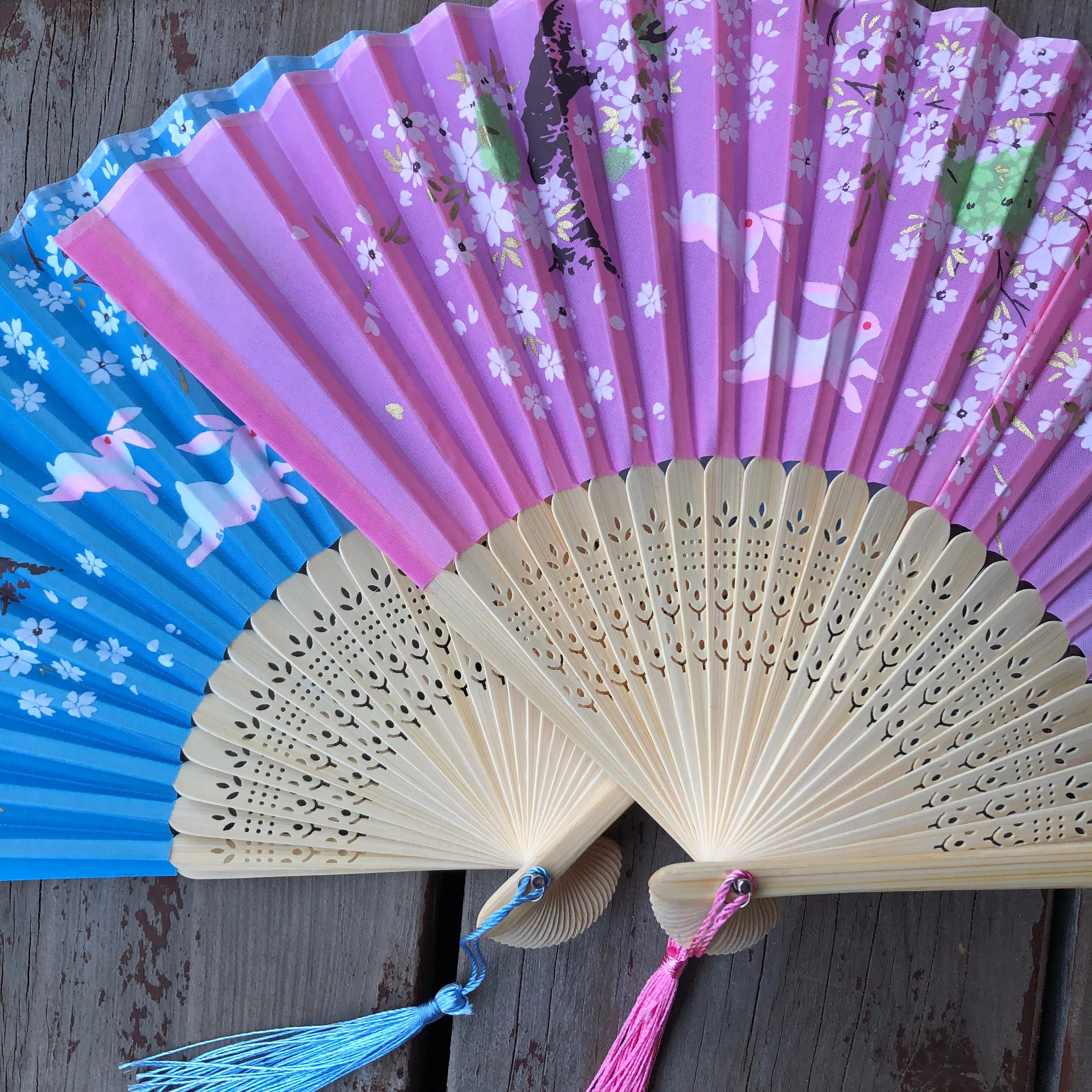 Luxury Bamboo Silk Fans - Rabbits, blossoms, pagodas