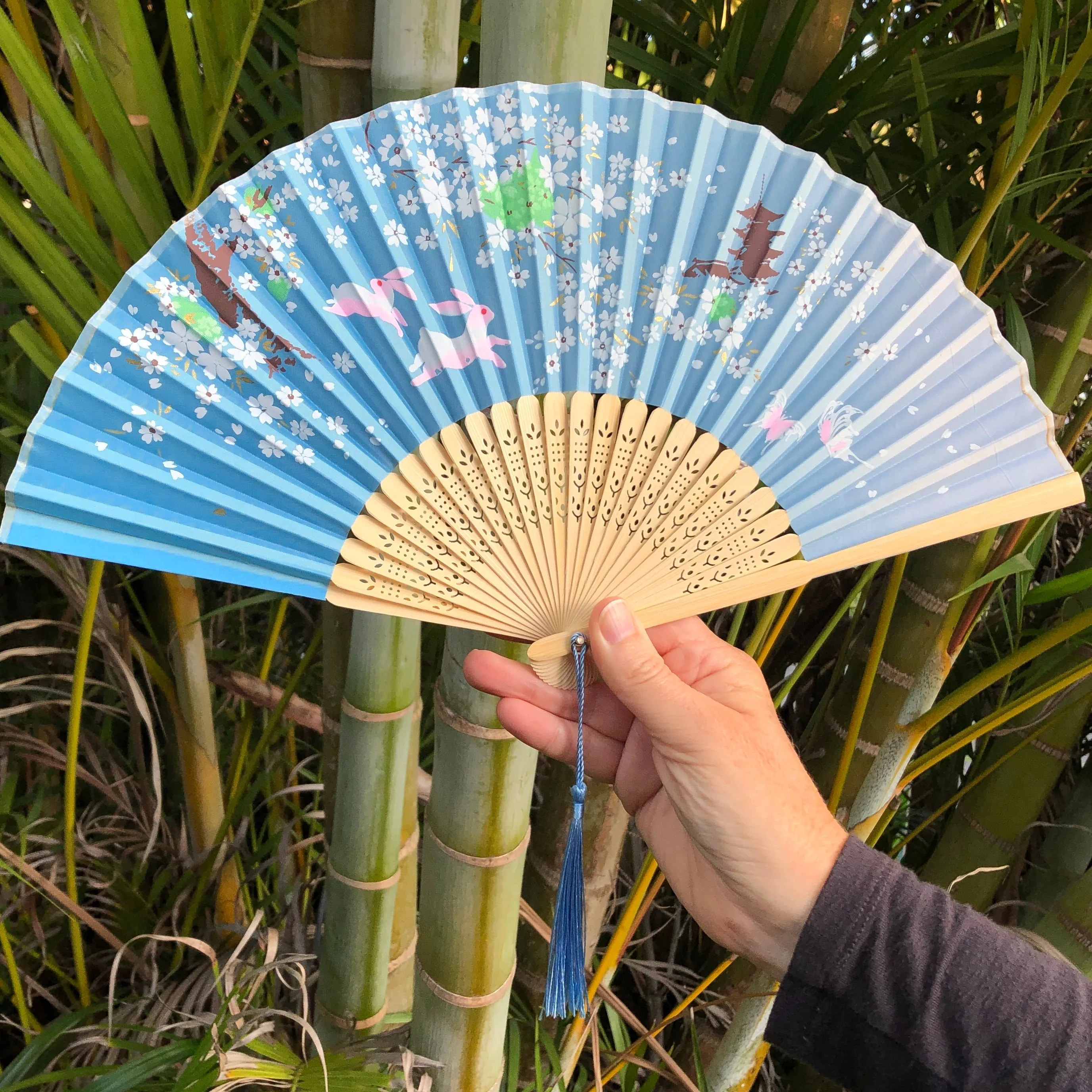 Luxury Bamboo Silk Fans - Rabbits, blossoms, pagodas