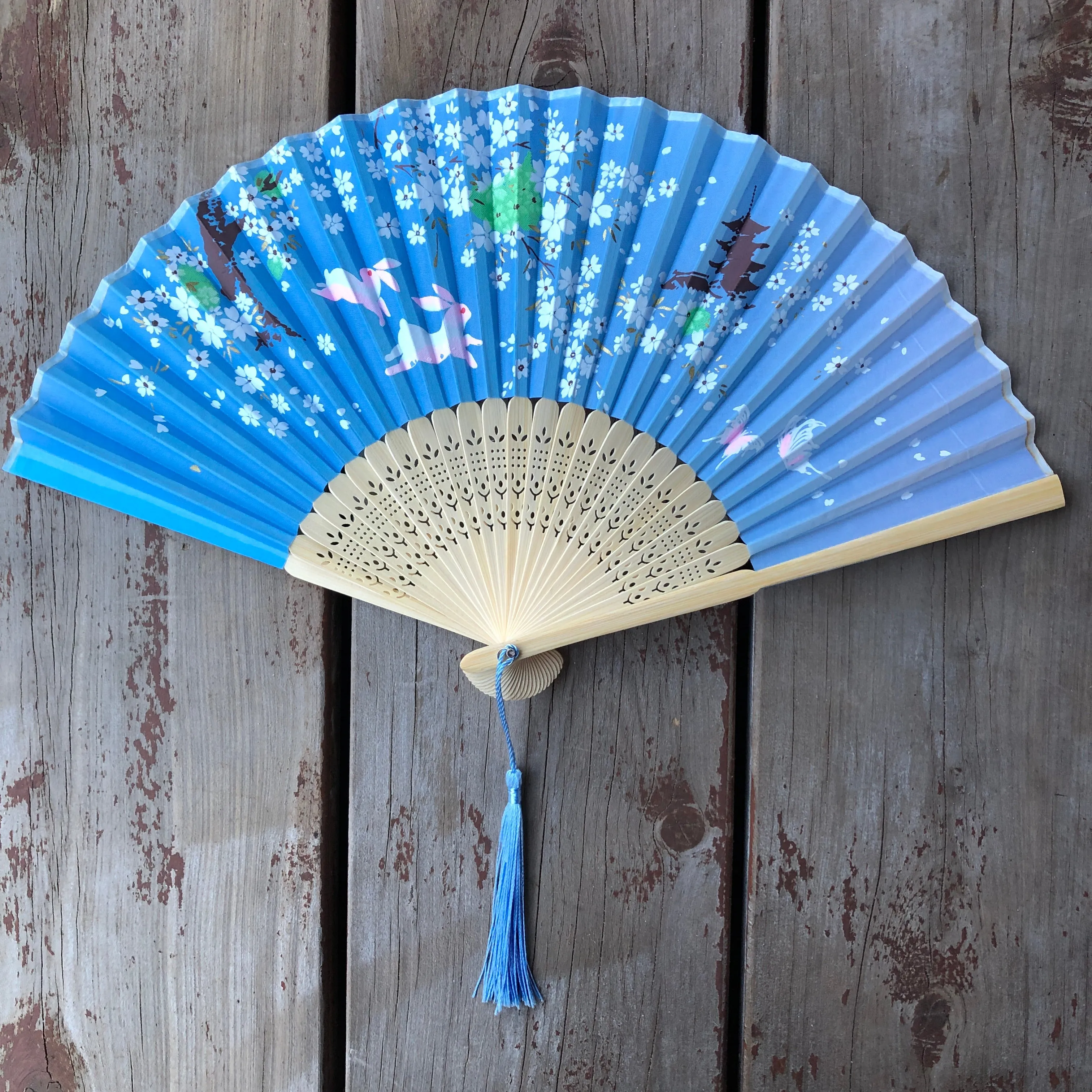 Luxury Bamboo Silk Fans - Rabbits, blossoms, pagodas