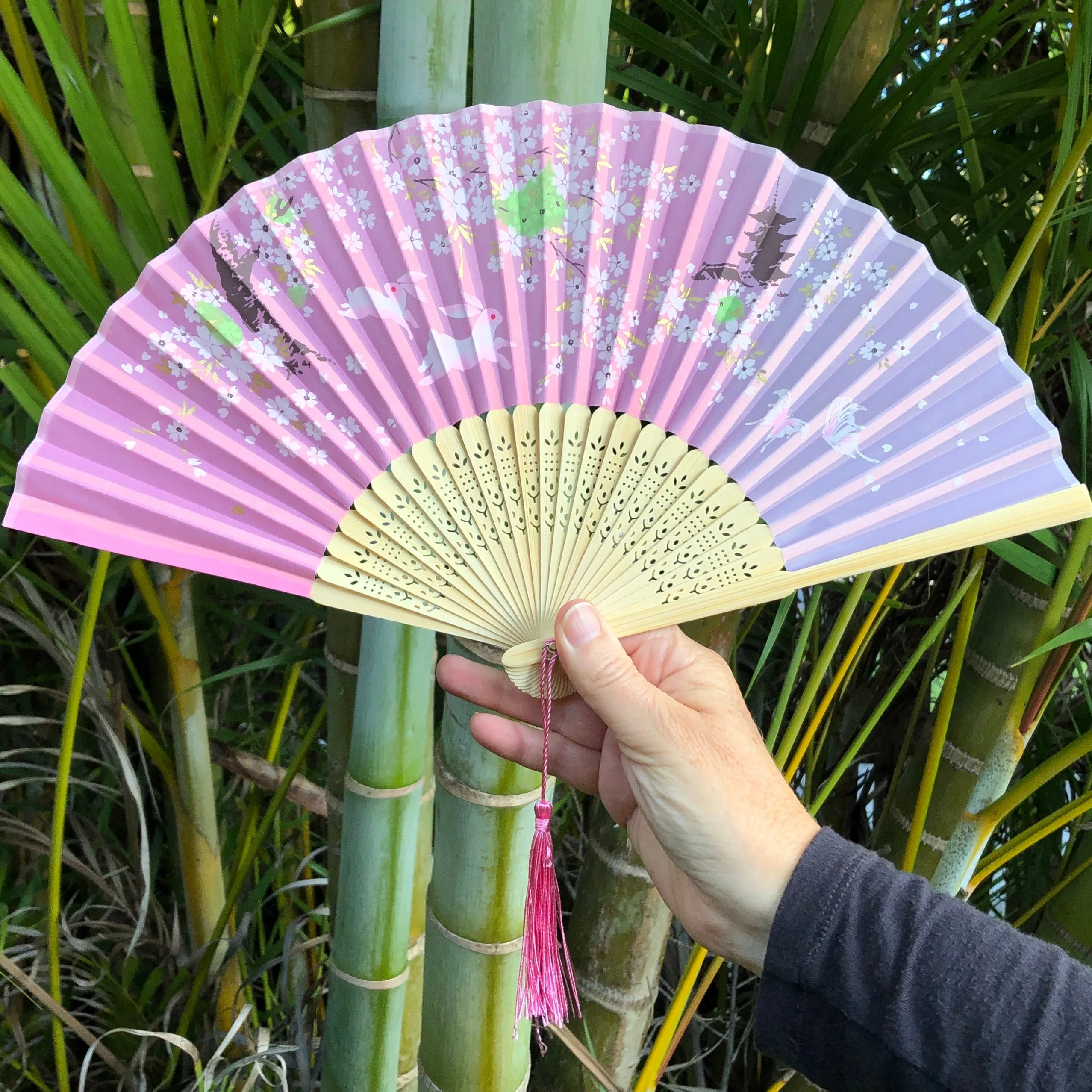 Luxury Bamboo Silk Fans - Rabbits, blossoms, pagodas