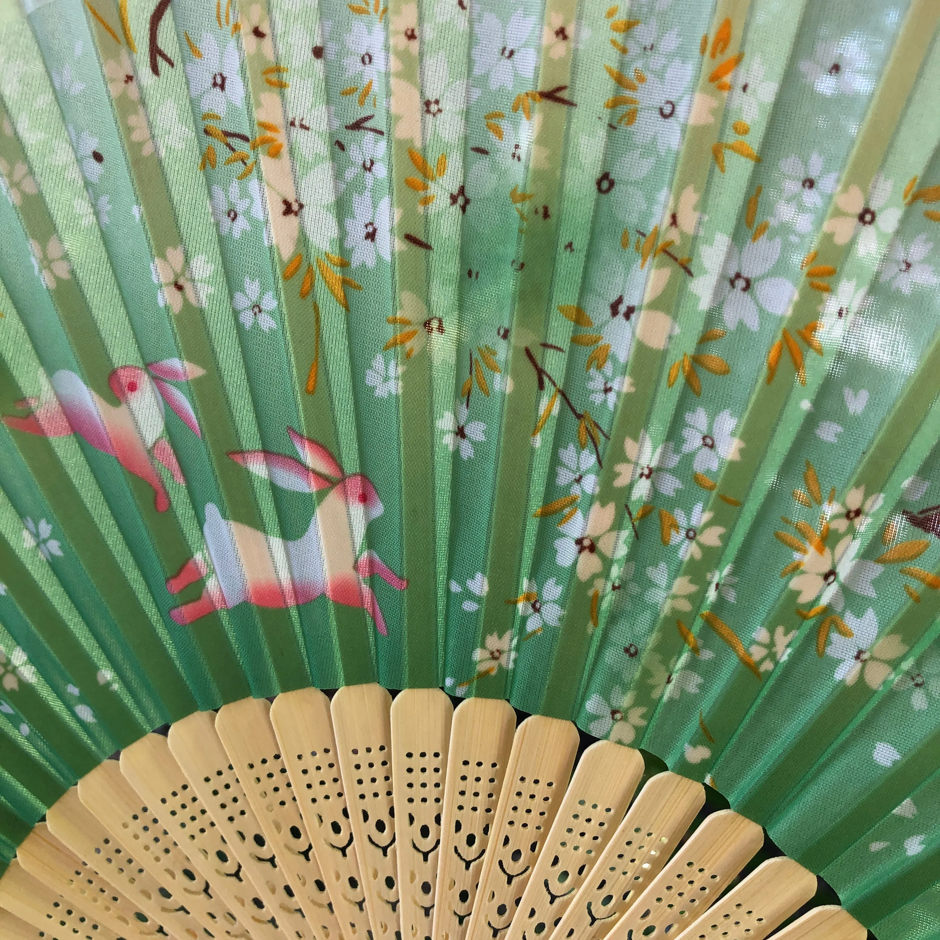 Luxury Bamboo Silk Fans - Rabbits, blossoms, pagodas