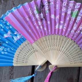 Luxury Bamboo Silk Fans - Rabbits, blossoms, pagodas